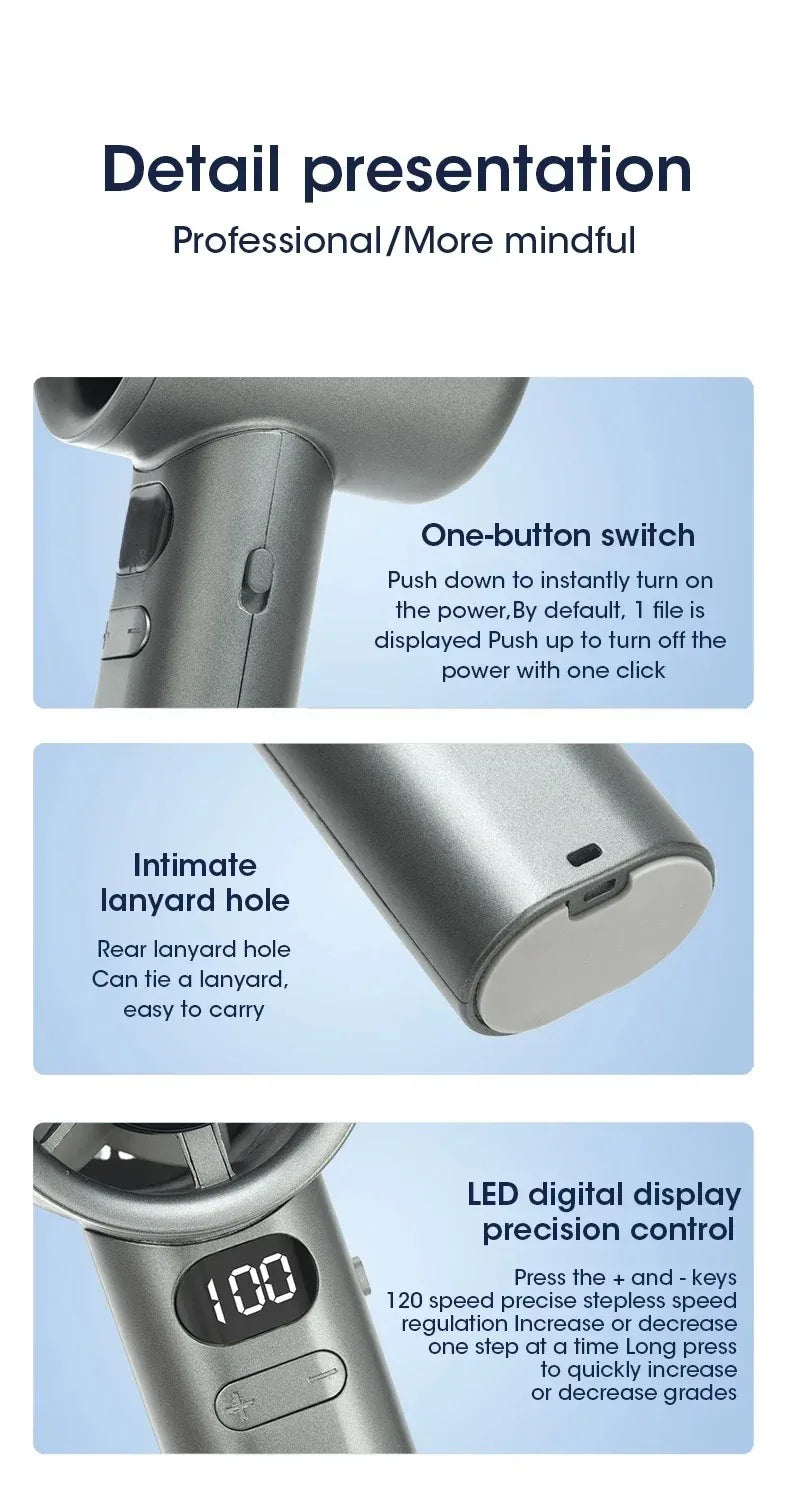 Mini Handheld Fan – Quiet, 4-Speed, Portable with Power Display