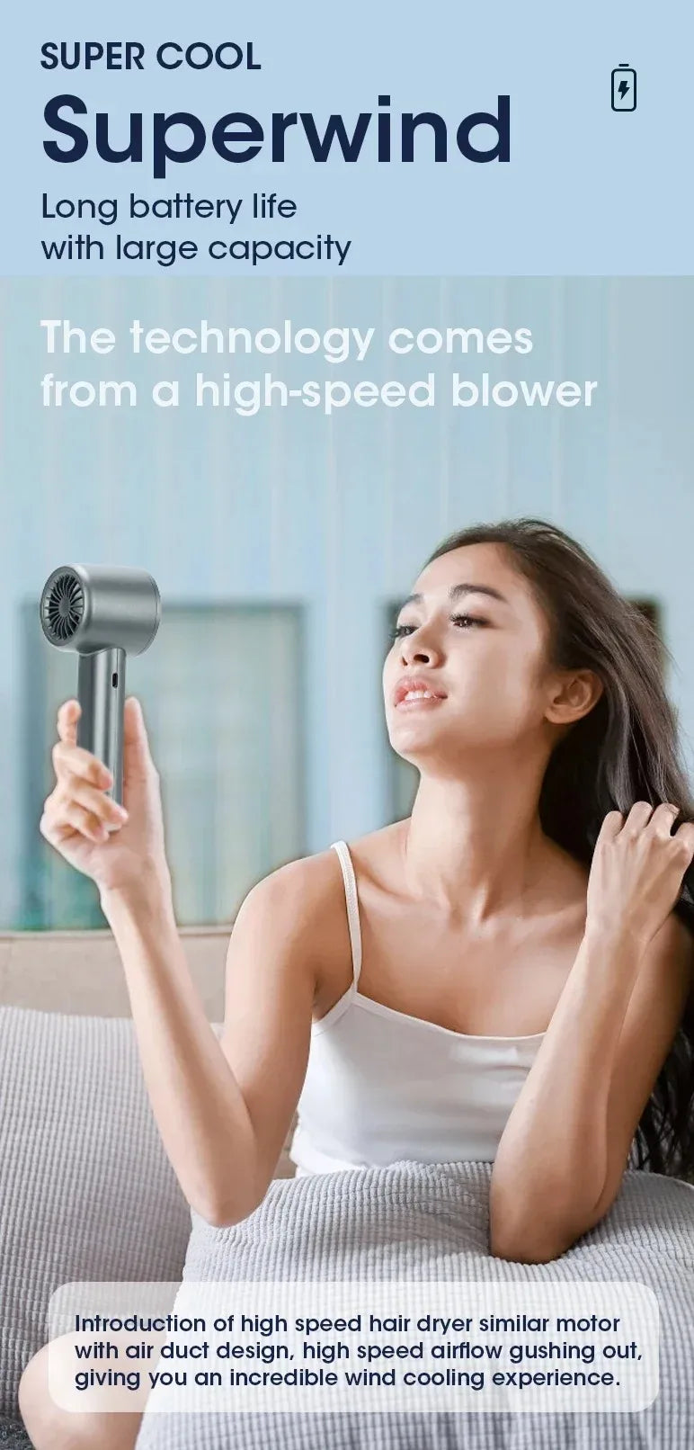 Mini Handheld Fan – Quiet, 4-Speed, Portable with Power Display